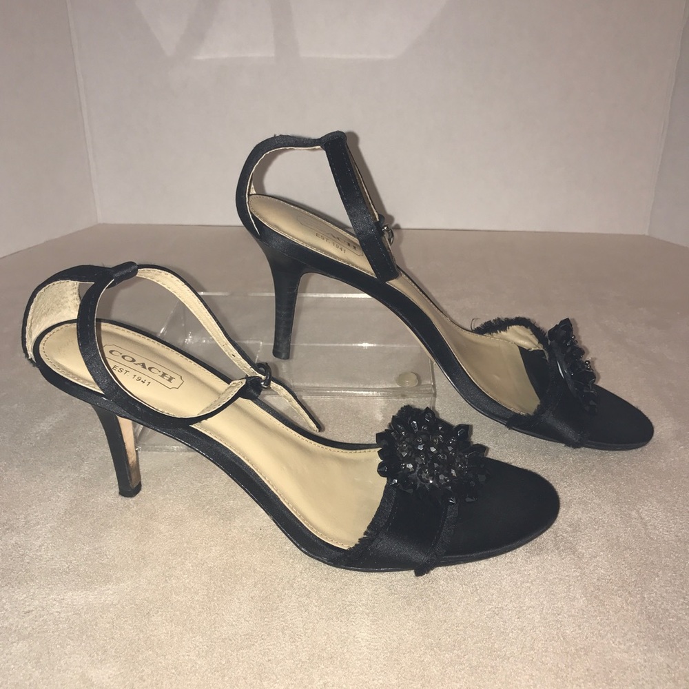 Coach Shoes 8.5 Black Satin Open Toe 3” High Heels Formal Semi Dressy Beaded - Picture 2 of 8